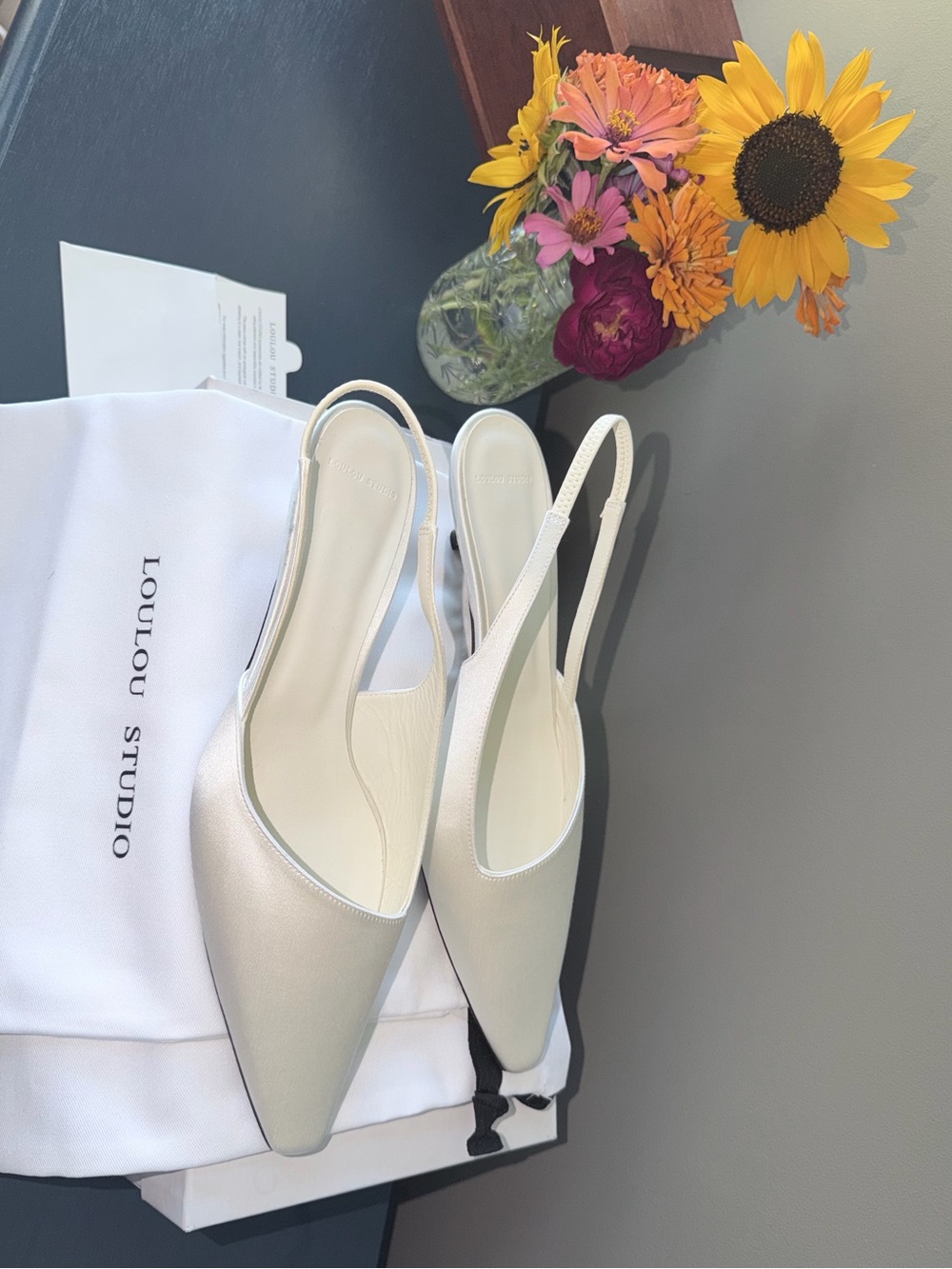 LOULOU STUDIO Ivory Pointed Slingback kitten heels.